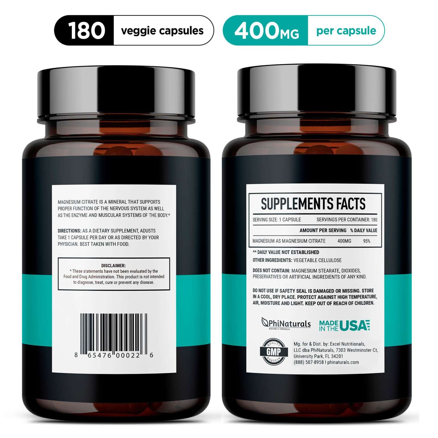 Magnesium Citrate 400mg Supplement 180 Capsules By Phi Naturals Dover